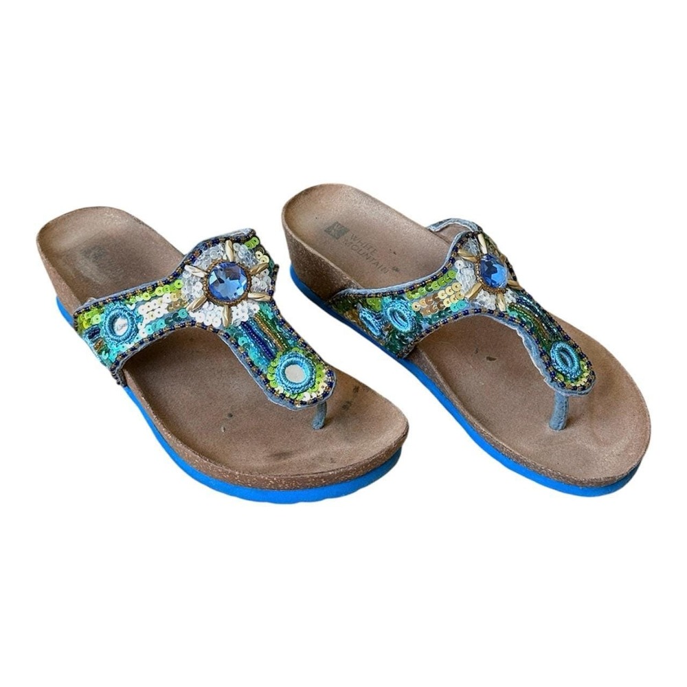 Y2K sequinned White Mountain blue/green beaded sandals